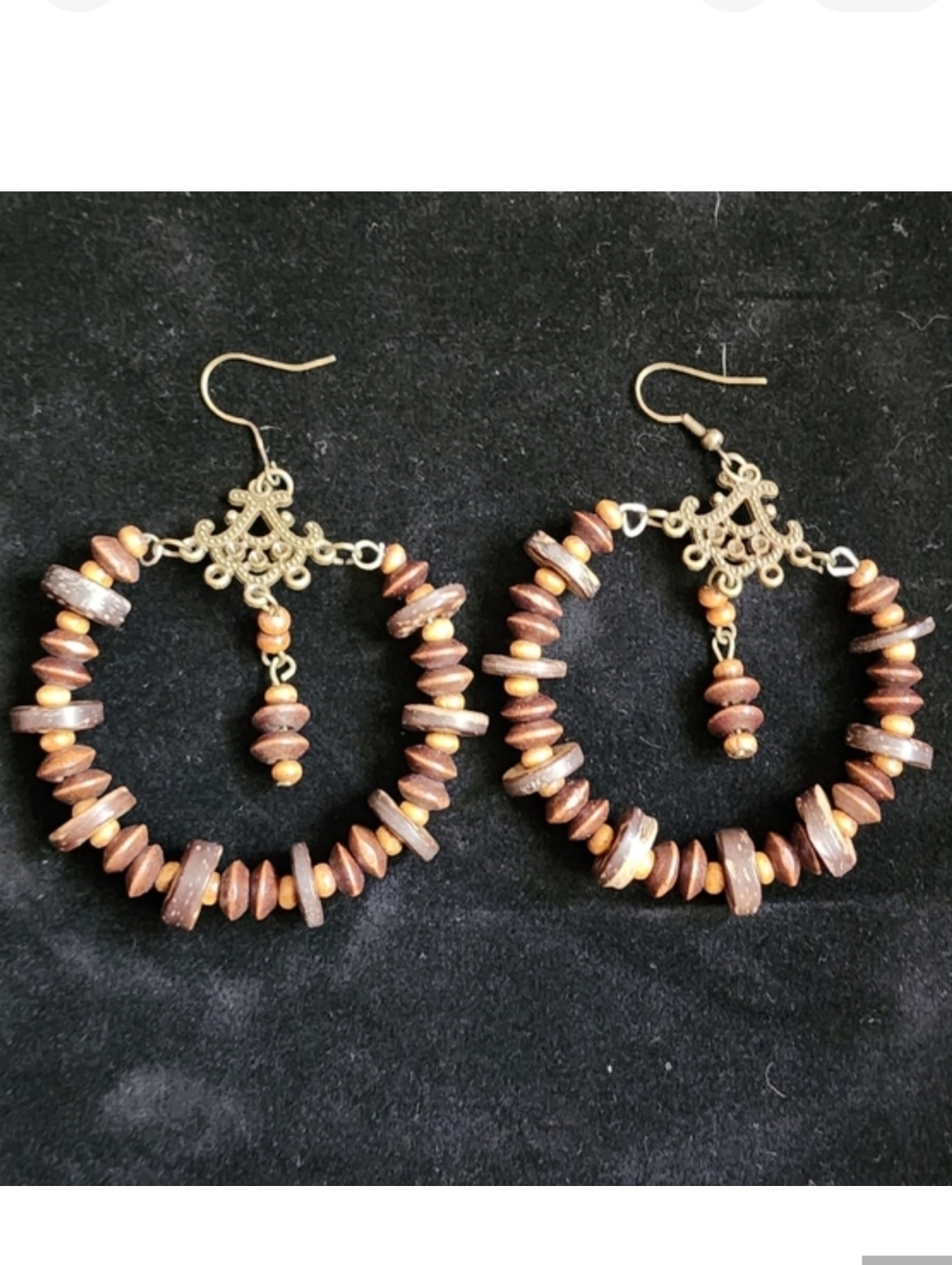 Wooden Brown and Tan Beads Hoop Earrings